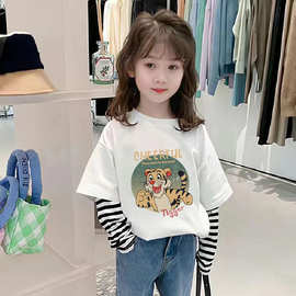 女童长袖t恤春秋季新款时尚中大童纯棉假两件上衣可爱儿童网红潮T