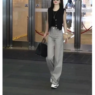 23529大爱美依缘2025夏季新款韩版黑色无袖上衣高腰条纹裤显瘦女