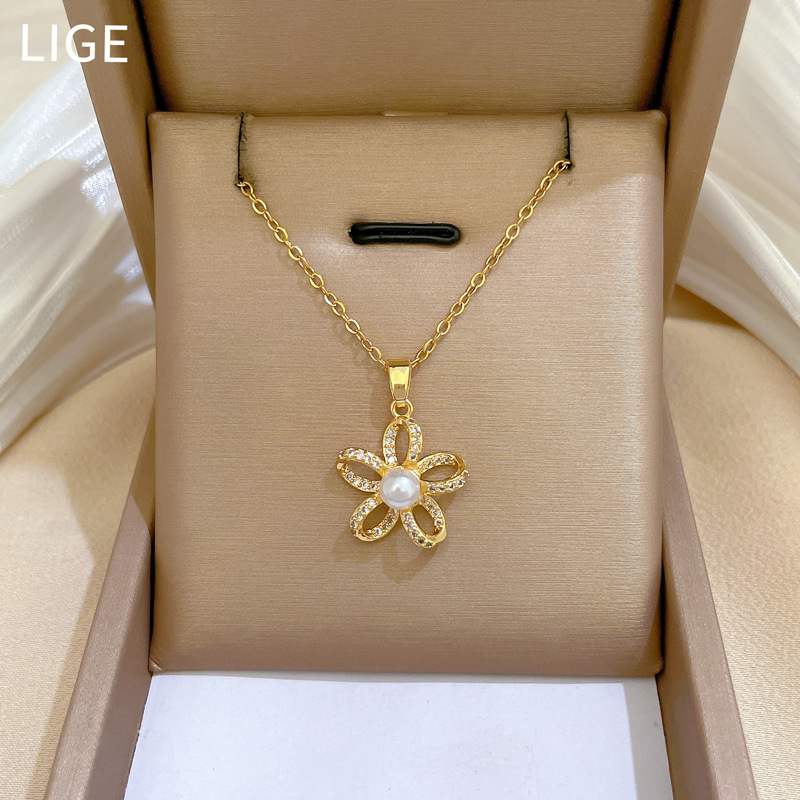 Wunderschöne Perlenkette Mit Fünfblättriger Blume Aus Titanstahl_voghion.com