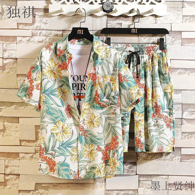 Ice Silk suit Men's Quick-drying Summer Short-sleeved Shirt Fashionable plus size Color Beach Shorts Couple's Two-piece Set