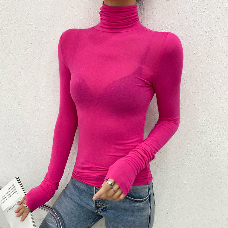 하이 칼라 마스크 티셔츠 여성용 긴팔 슬림 핏 얇은 세련된 이른 가을 탑 순수 인터넷 인기 내부 마이크로 투명 베이스 셔츠