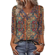 跨境欧美女装亚马逊2025夏季女中袖3D花卉印花宽松休闲女士V领T恤