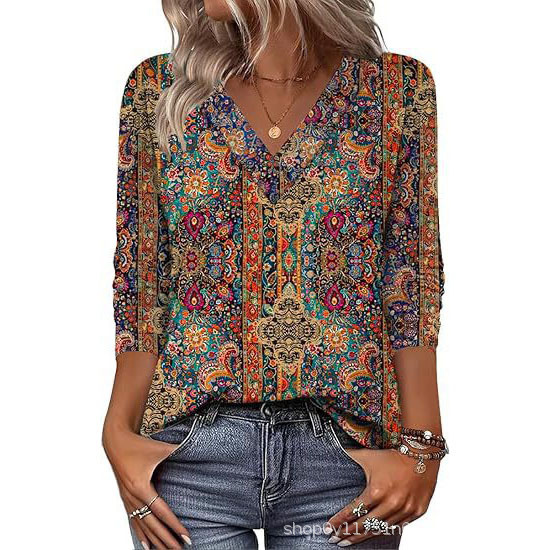 跨境欧美女装亚马逊2025夏季女中袖3D花卉印花宽松休闲女士V领T恤