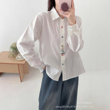 2025秋季新款文艺日系设计感刺绣门襟宽松叠穿纯棉长袖白衬衫9590