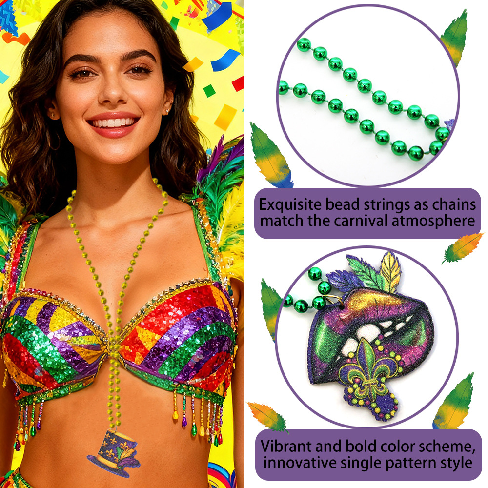 Collar de carnaval, Nueva Orleans, colgante de oro púrpura, colgante de cuentas verde, decoración de fiesta, joyas de cuentas de Mardi Gras
