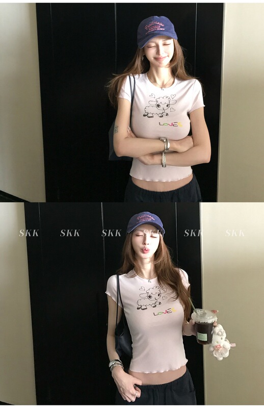 Cross-Border Trade Rayon Jacquard Summer Sweet and Spicy Pure Desire Style Lamb Print Heart Lace T-Shirt for Women with Waist-Cinching and Regular Shoulder Design Cross-Border Trade Rayon Jacquard Summer Sweet and Spicy Pure Desire Style Lamb Print Heart Lace T-Shirt for Women with Waist-Cinching and Regular Shoulder Design