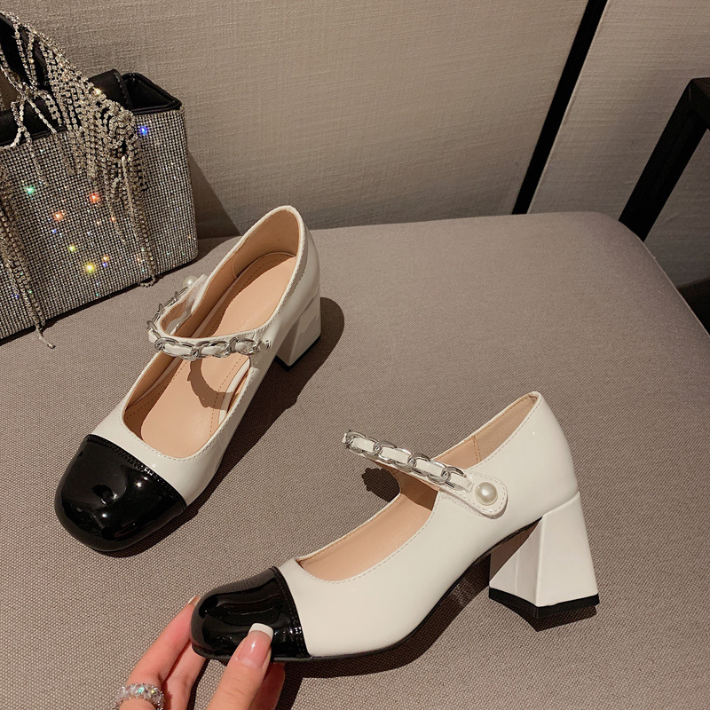 fashion thickheeled square toe chain color matching shallow mouth Mary Jane shoespicture13