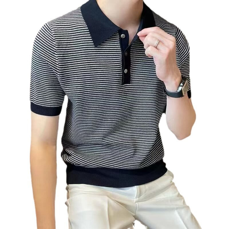 Verano hombre camiseta de punto de manga corta polo camiseta de collar rayas camiseta de comercio exterior al por mayor transfronterizo casual versátil