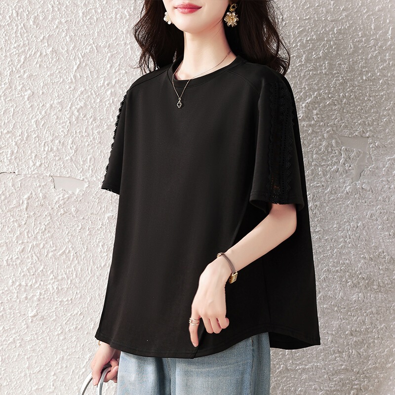 Real Shot of the New Summer Style Plus-Size Women's Loose Lace Patchwork Short-Sleeve Shirt, Fashionable and Age-Reducing Top