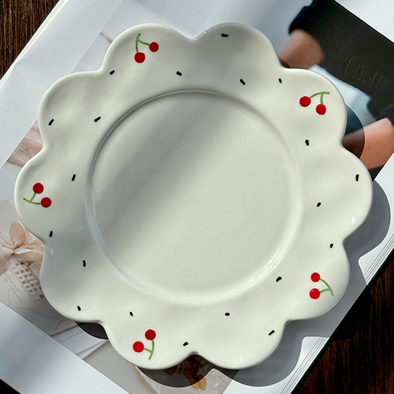フレンチレトロチェリー花柄手作りセラミックコーヒーカップとソーサーリボンハンドルカップ朝食カップ高価値妖精カップ|undefined