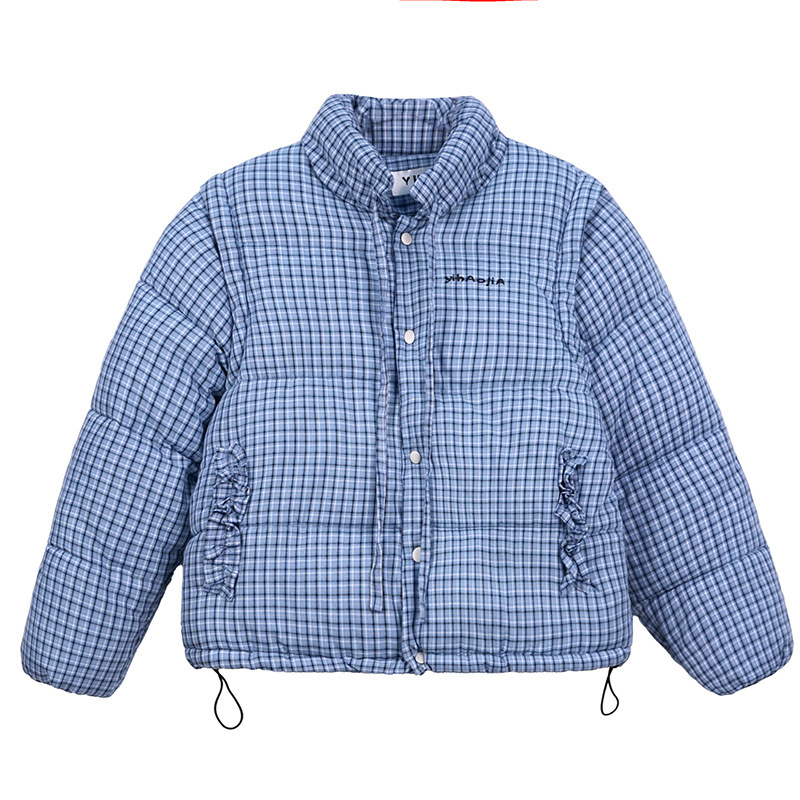 蓝色立领格子羽绒棉衣棉服女冬季2025新款加厚保暖小个子短款外套|undefined