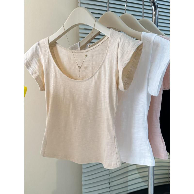 Korean Sweet Hottie U-Neck Versatile Short-Sleeved T-Shirt Women's Summer Slimming Look Lazy Style Short Shoulder Top Trendy