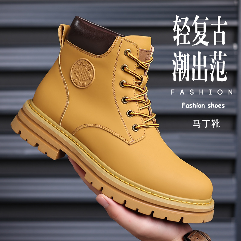 No kicking leather and yellow boots 2024 autumn new retro work boots…