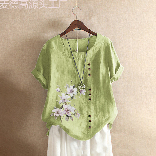 Cotton and Linen Women's Summer and Autumn Retro Casual Loose Cotton and Linen Short Sleeve T-shirt Women's Plus Size AMZ WISH