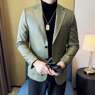 2025 New Autum Men's Pu Leather Jacket Single Suit Jacket Korean Style Youth Fashion Casual Suit Top Ready for Sale