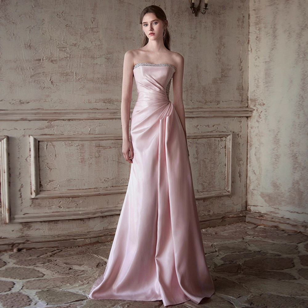 Pink Strapless Evening Dress for Birthday Party, High-End Elegant Waist-Slimming Dress with a Sophisticated Feel, Ball Gown