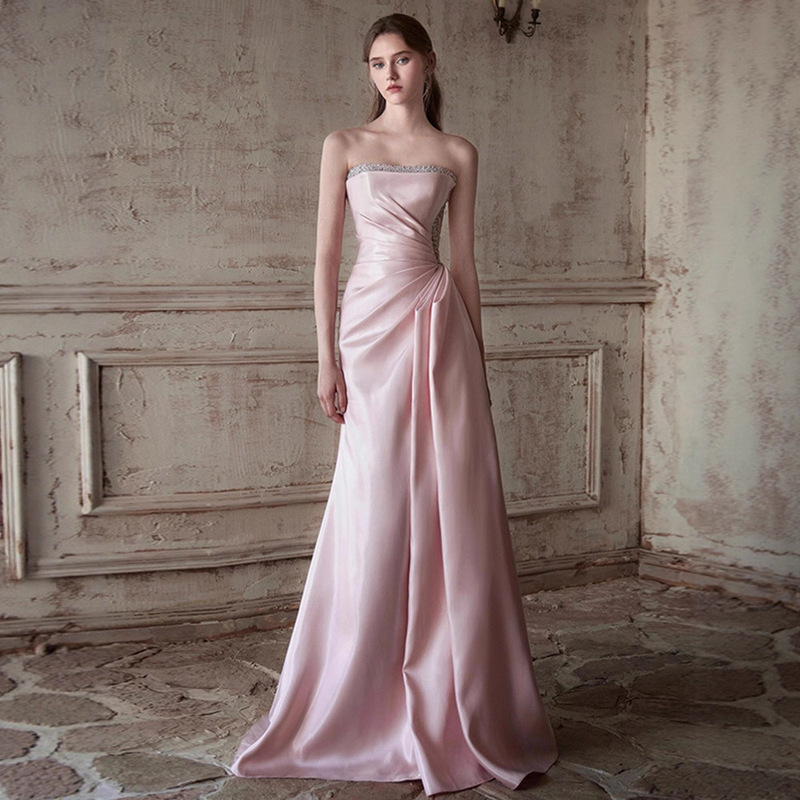 Pink Strapless Evening Dress for Birthday Party, High-End Elegant Waist-Slimming Dress with a Sophisticated Feel, Ball Gown