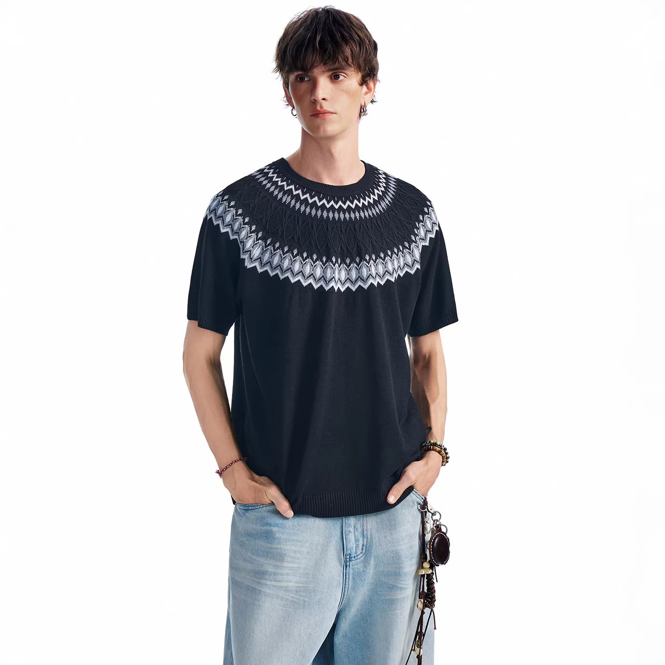 Isla de Fair camiseta de punto de manga corta camiseta de cuello redondo jacquard hombre viejo estilo casual hielo de verano fábrica transfronteriza mayorista
