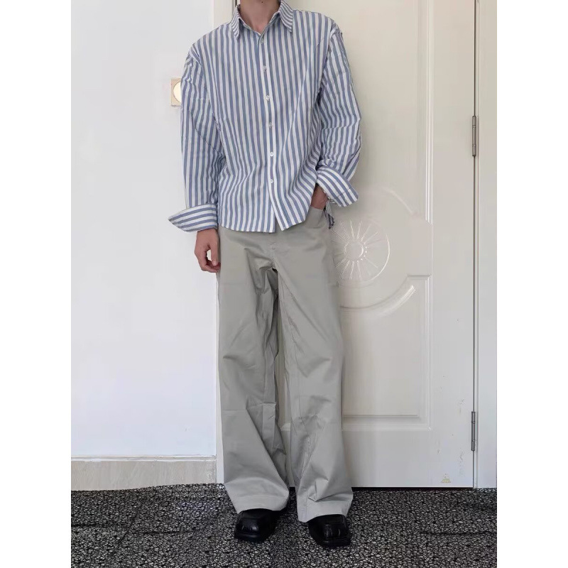Boyfriend Style Blue and White Striped Shirt Jacket Men's Spring and Autum Thin Loose Lazy Style Layered Long-Sleeved Top Shirt