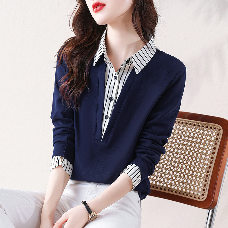 Women's Lapel 2023 New Autum Polo Collar Stripesd Patchwork Shirt Fake Two-Piece Long-Sleeved Sweatshirt Top Fashion