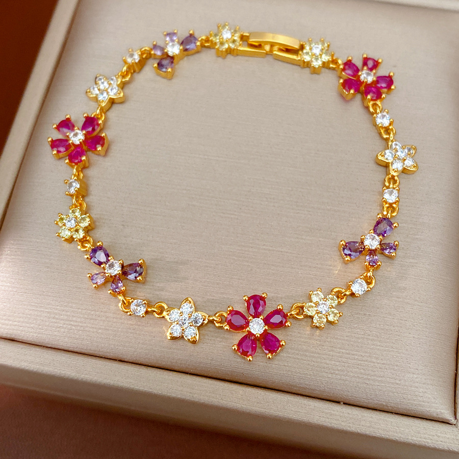 Oro verdadero, pulseras de arco de flores de piedra, pulseras de nicho lujosas, exquisitas joyas de moda al por mayor.