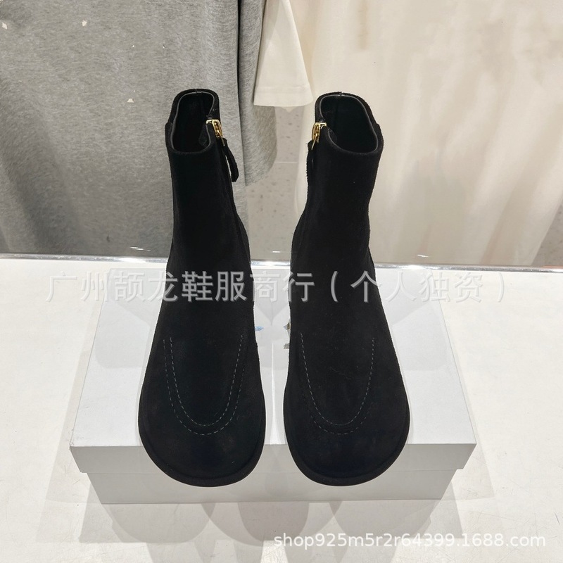 高端小众2025秋冬真皮圆头复古简约平底侧拉链显瘦短靴单靴裸靴女|undefined