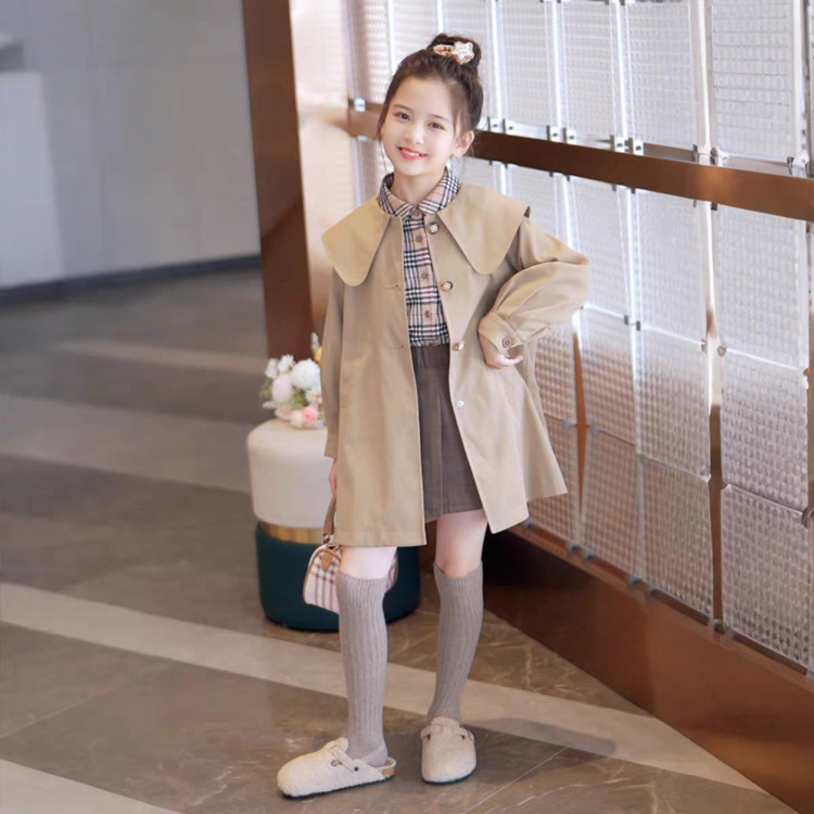 女童中长款风衣秋季2025新款韩版洋气儿童英伦风外套学院风披肩领|undefined