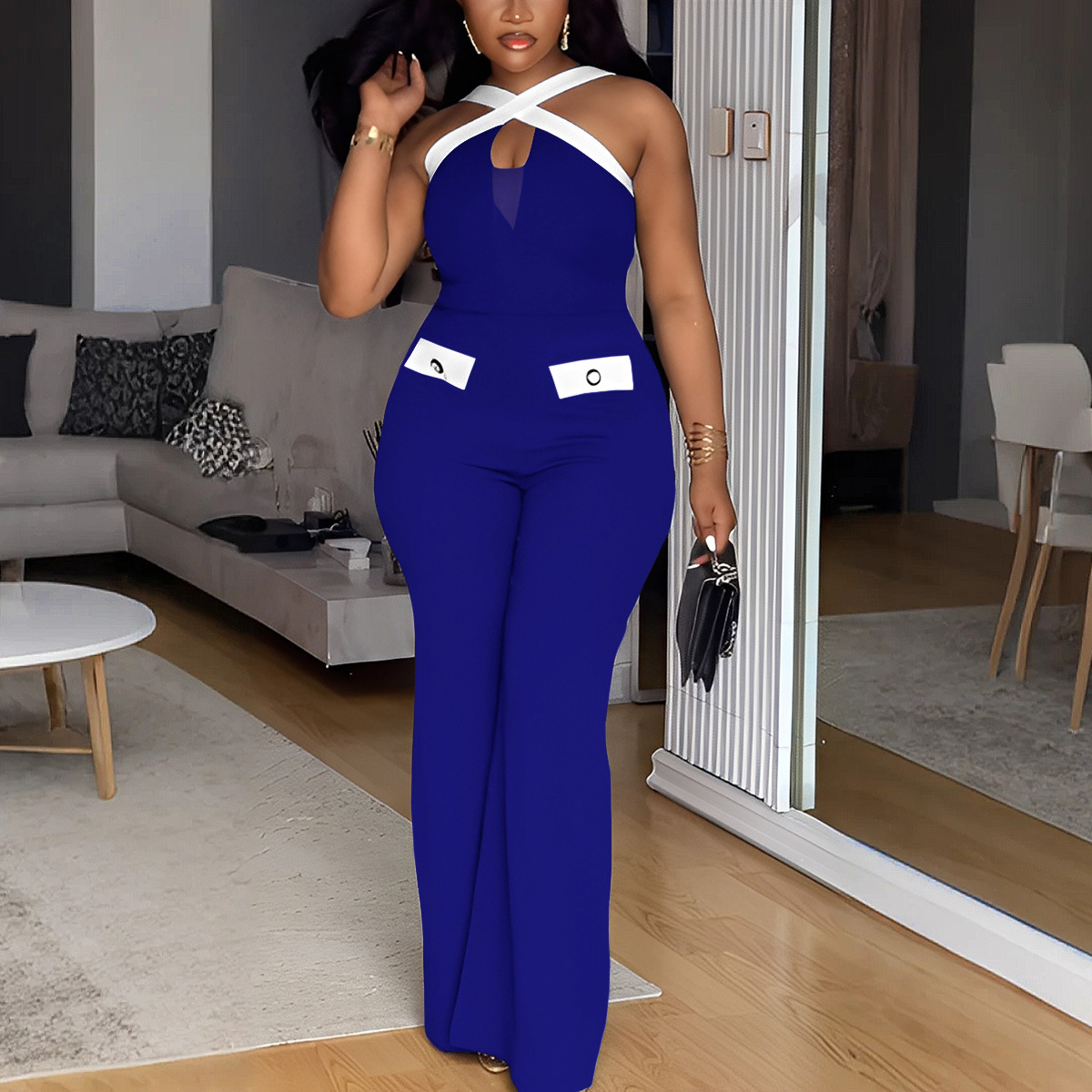Elegant Women's Colour Block Jumpsuit Slim Fit Wide Leg Strappy_voghion.com
