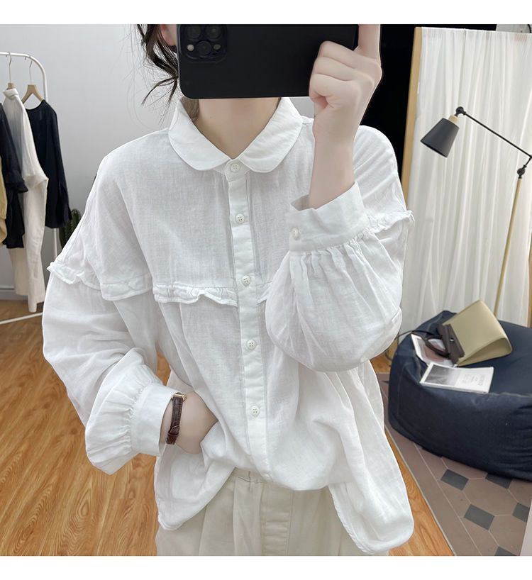 Women's Cotton Linen Blouse With Ruffles And Lantern Sleeves_voghion.com