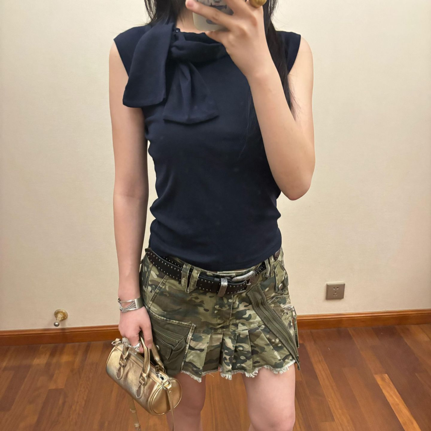 Guochao someide* 래글런 슬리브 하이넥 레이스업 네이비 블루 베스트 여성용 26 여름 허리 슬림핏 민소매 티셔츠