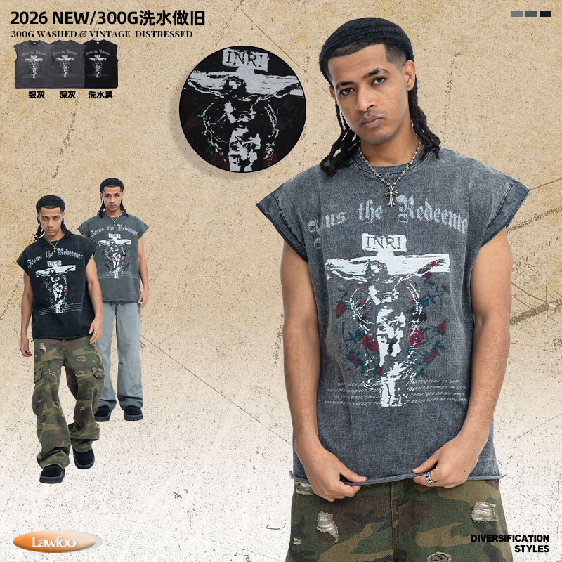 Lawfoo2026 Men's Street Fashion Vest Washed Vintage Digital God Print Heavyweight Fitness Retro Style