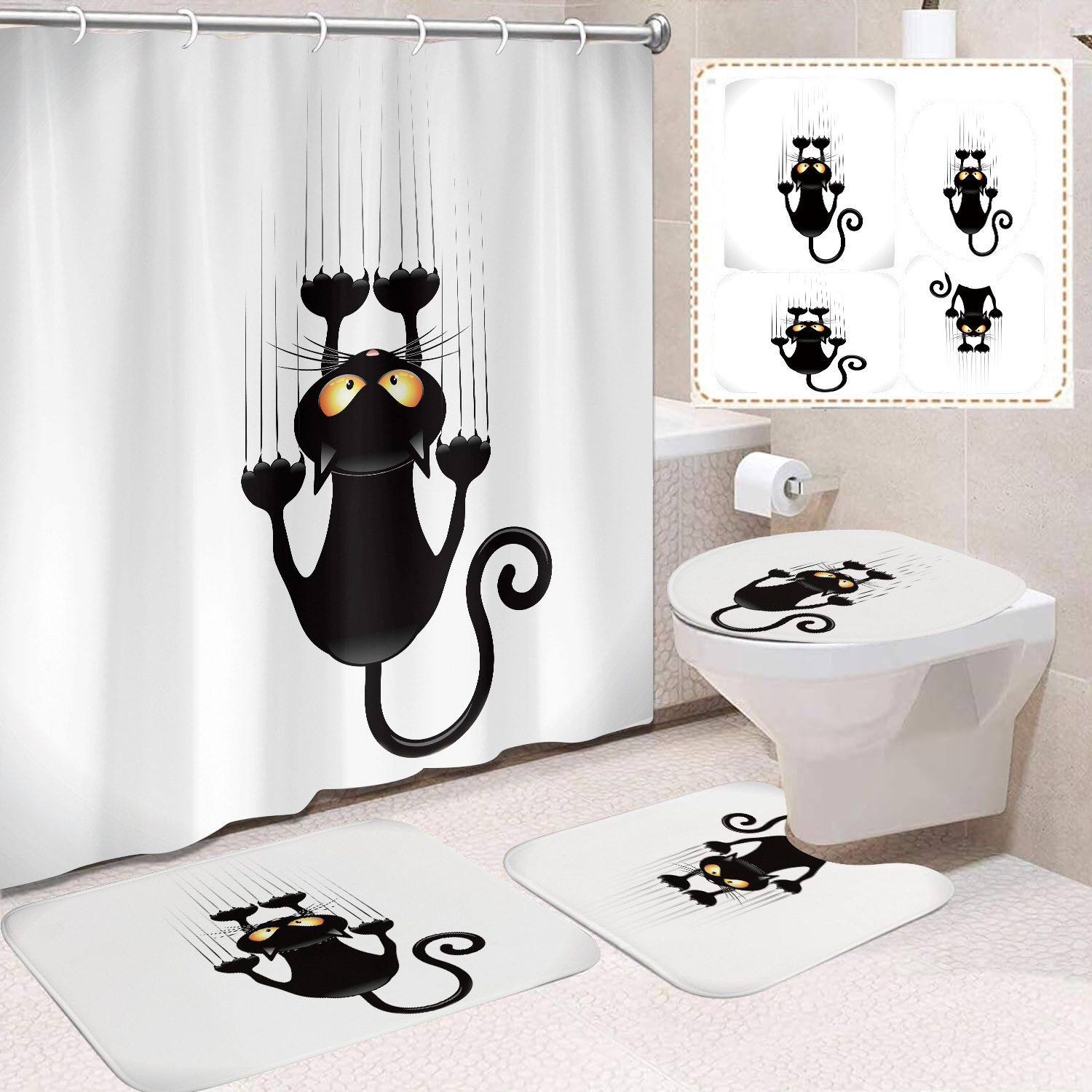 Fuente de fabricantes Amazon animales gatos niños cortina de ducha impermeable a prueba de moho cortina de ducha inodoro partición de baño divertido