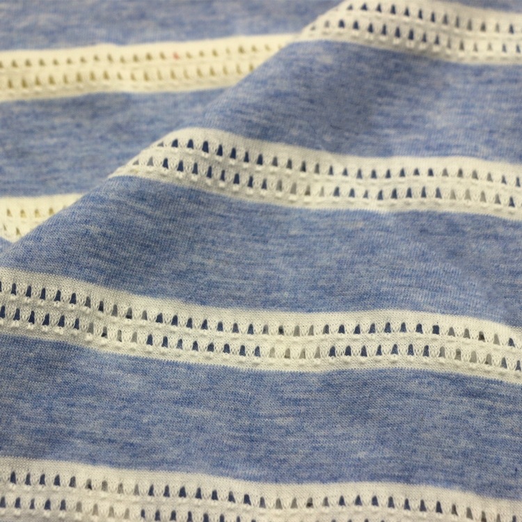 色织彩条提花单面布针织纬编CVC麻灰彩灰色织提花彩条孔洞汗布料