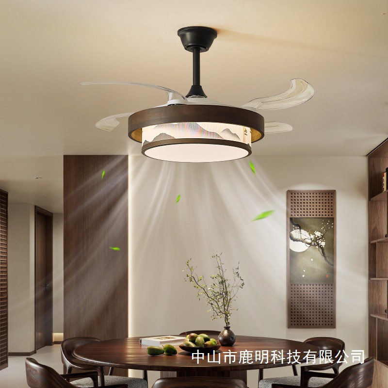 Song-Style Aesthetic Dining Room Fan Chandelier Integrated Invisible Ceiling Fan Light Solid Wood Zen Retro Study Decorative Ceiling Light