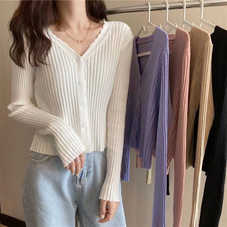 Spring and Autumn New Style Pure Desire Tops, Thin Korean-Style Design Short Knitted Cardigans, Women's V-Neck Long-Sleeve Sweater Jackets