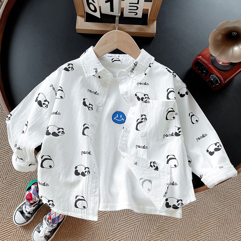 Camisa de dibujos animados para niños primavera y otoño nuevo estilo de algodón puro para niños ropa de otoño top de panda de dibujos animados camisa de manga larga para niños