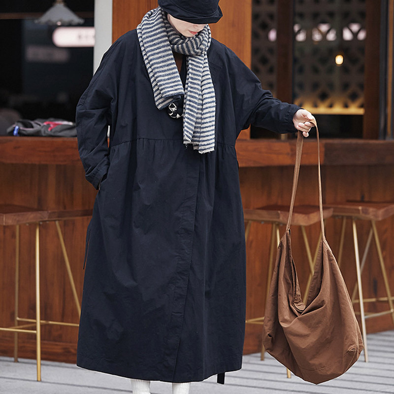 New Style Trench Coat, Elegant Black Mulberry Silk Cotton Diagonal Placket Trench Coat Dress, Loose Fit