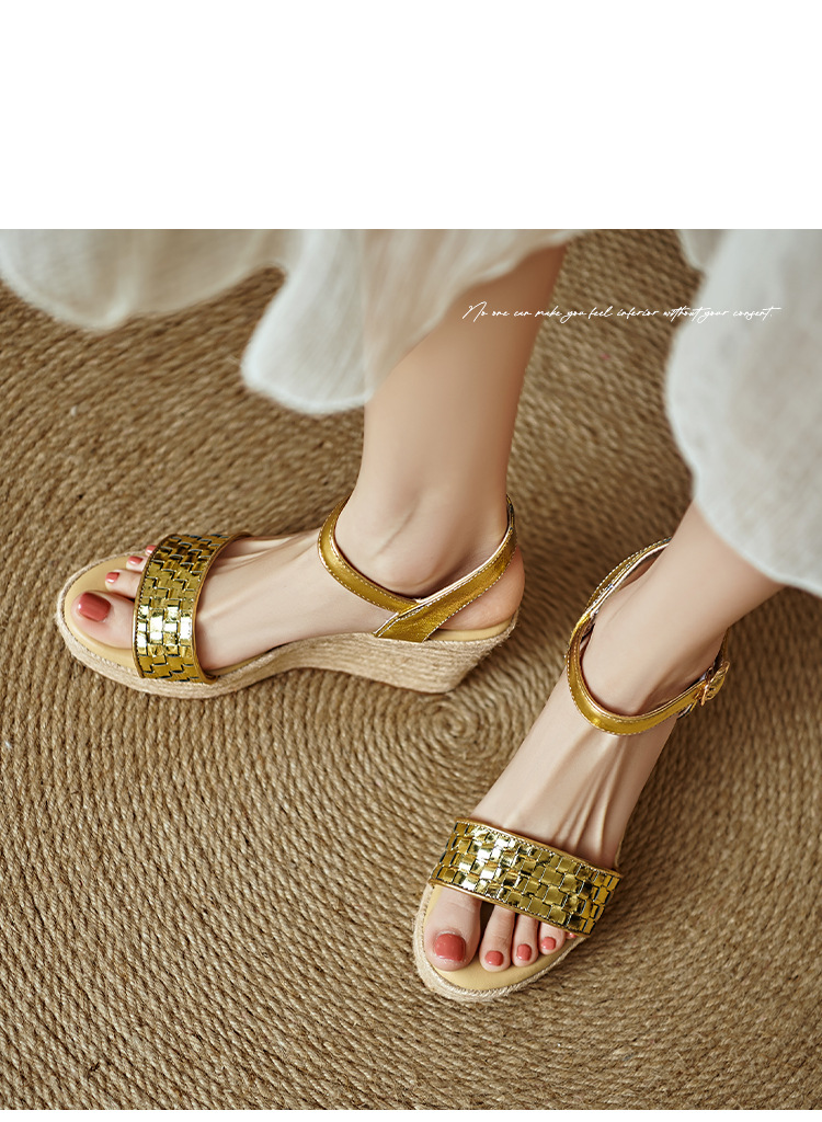 Sandal cao gót nữ quai ngang đan bện màu vàng bạc, đế xuồng đan rơm, gót 9 cm — màu vàng, bạc chi tiết 13