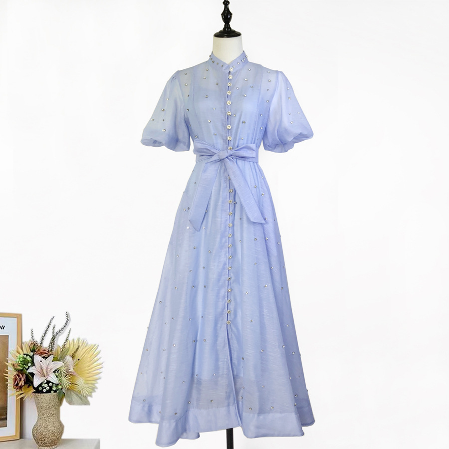 Đầm maxi nữ thắt eo cổ đứng tay lồng đèn đính đá phong cách Pháp — Màu trơn xanh lam, Màu trơn trắng, Hoa xanh da trời, Hoa hồng đậm chi tiết 23
