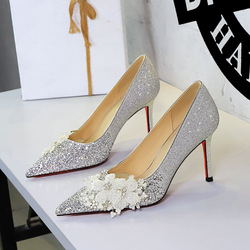 2680-H97 European and American Style Wedding Shoes Show He Wedding Dress Two Bridal Shoes Flower Pointed One Foot High Heels Female