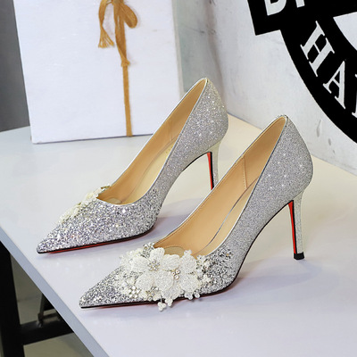 2680-H97 European and American Style Wedding Shoes Show He Wedding Dress Two Bridal Shoes Flower Pointed One Foot High H