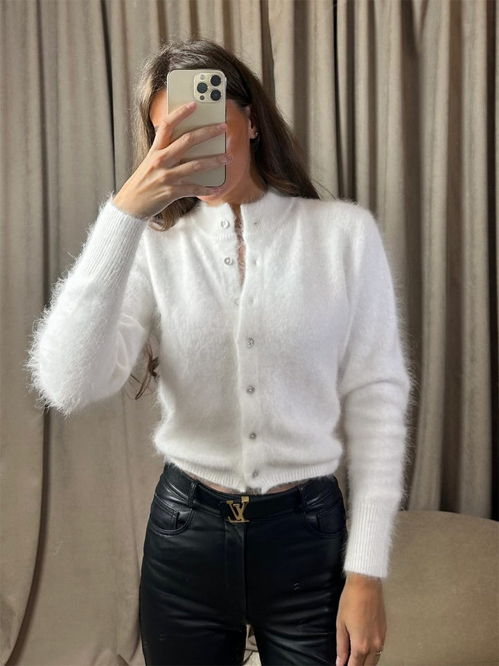 Áo khoác cardigan len nữ dáng ôm cổ tròn tay dài một hàng cúc chất liệu lông mềm mại — Màu hồng, Màu trắng, Màu xám nhạt, Xanh đậm