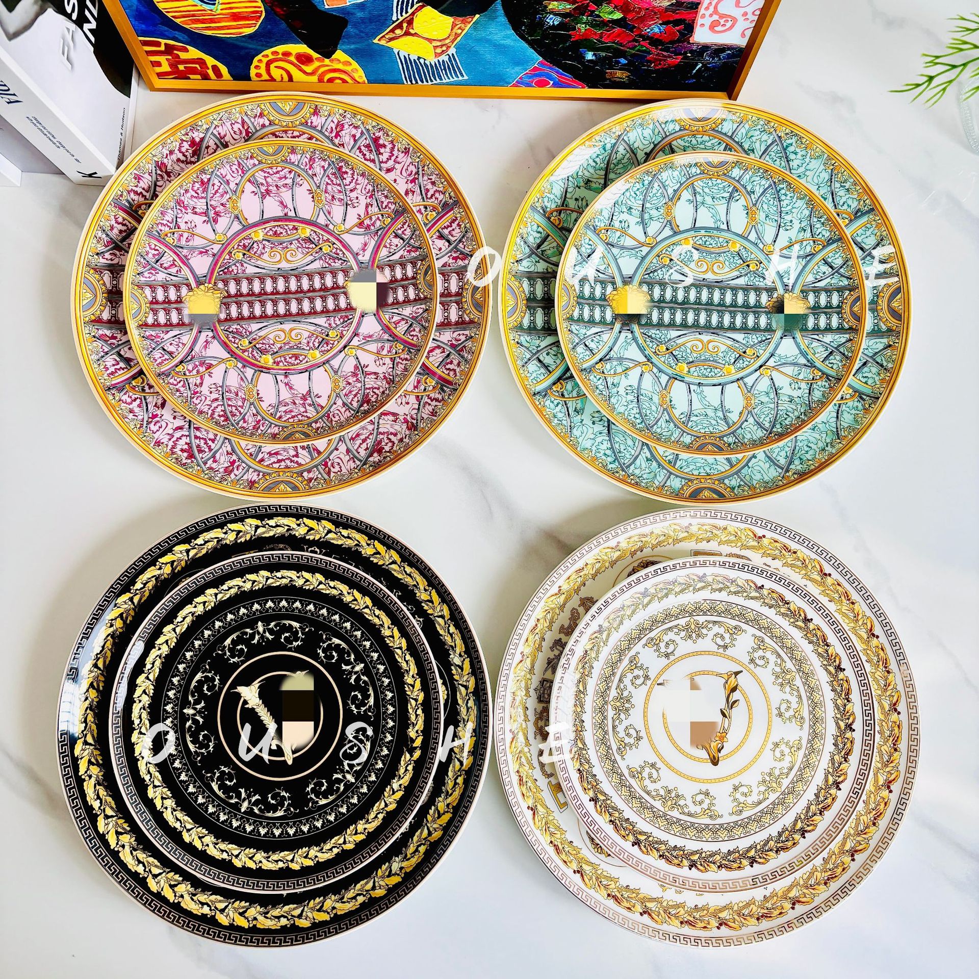 European-Style Light Luxury Retro V-Shaped Western Dinner Plate Cup Ceramic Gold-Stamped Round Plate Hotel Steak Plate Home Tableware Batch