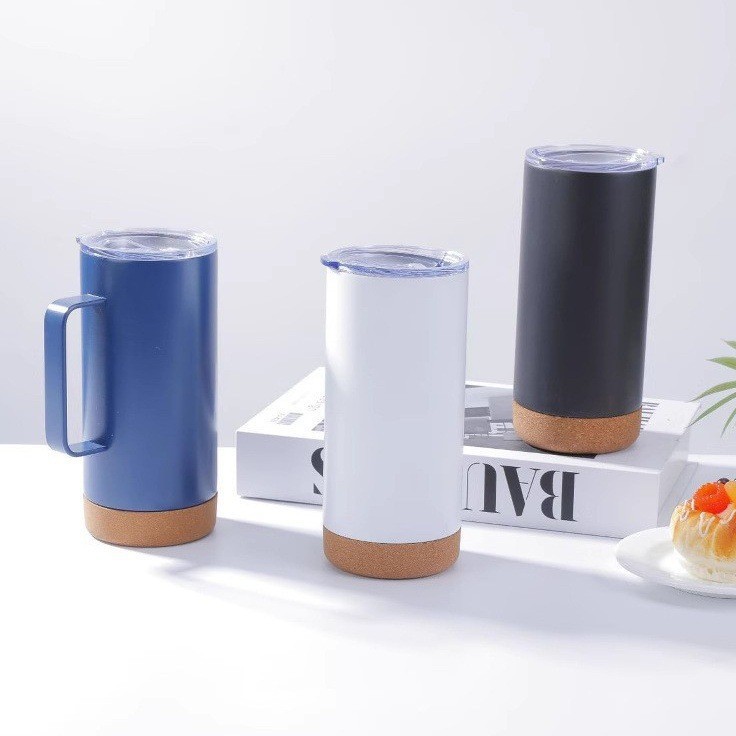 Nuevo 304 acero inoxidable doble vacío taza de aislamiento de corcho fondo taza de mango taza de agua de bambú fondo taza