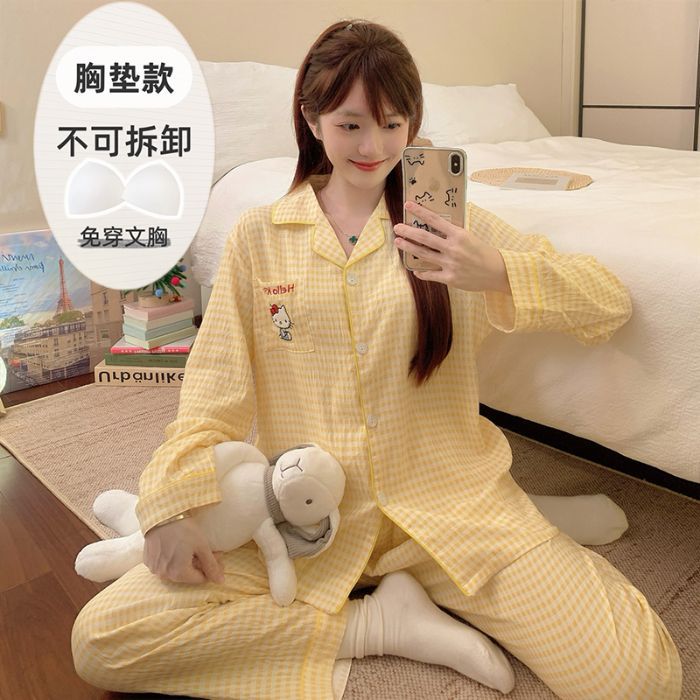 Al por mayor transfronterizo de otoño pantalones de manga larga pijamas casuales de mujer con cojín de pecho cardigan cómodo algodón nubes ropa para el hogar encantadora