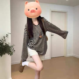 2025新款秋季宽松显瘦慵懒风条纹大领口U领长袖T恤上衣女