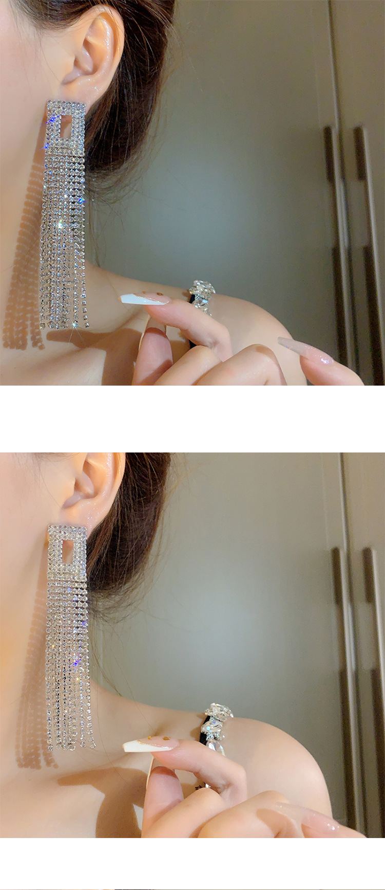 Retro full diamond long tassel earrings for women in Europe and America, exaggerated temperament, earrings, high-end feeling, light luxury earrings_voghion.com