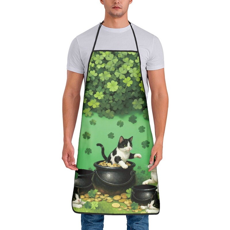 St. Patrick's Day Lucky Clover Cat Apron Home Kitchen Oil-Proof Apron Holiday Party Decoration