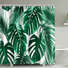 速卖通亚马逊浴帘热带植物棕榈叶水彩叶淋浴帘浴室帘涤纶防水浴帘
