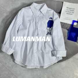 LUMANMAN复古竖条纹长袖衬衫男女同款刺绣卡通长袖衬衫休闲撞色